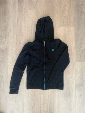 DC Black Zip Hoodie with Teal Chest Logo